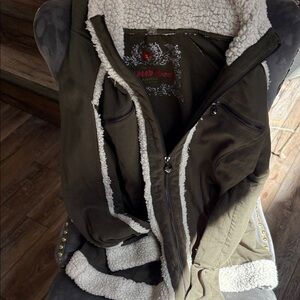 TWISTED HEART Olive Green Sherpa-Lined Cardigan